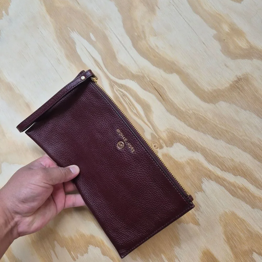 MICHAEL Michael Kors Large Flat Wristlet Clutch Merlot Burgundy Pebbled Leather
